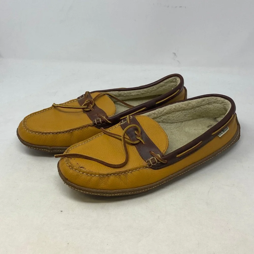 LL Bean Mens Wicked Good Slippers 12 Medium Yellow Leather Shearling Moccasin